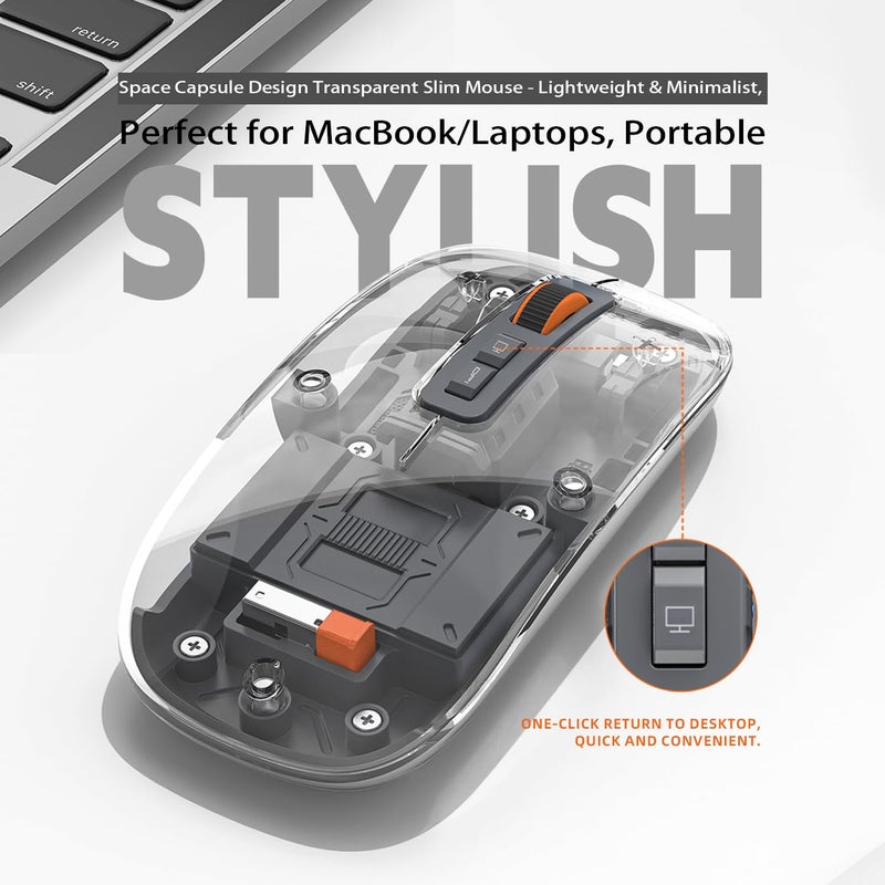 FMOUSE Sleek Transparent Magnetic Wireless Mouse - 3-Mode Connectivity (Dual Bluetooth + USB), DPI Adjust & One-Key Desktop Access, for MacBook/pc/iPad/Laptop (Grey) - Image 4