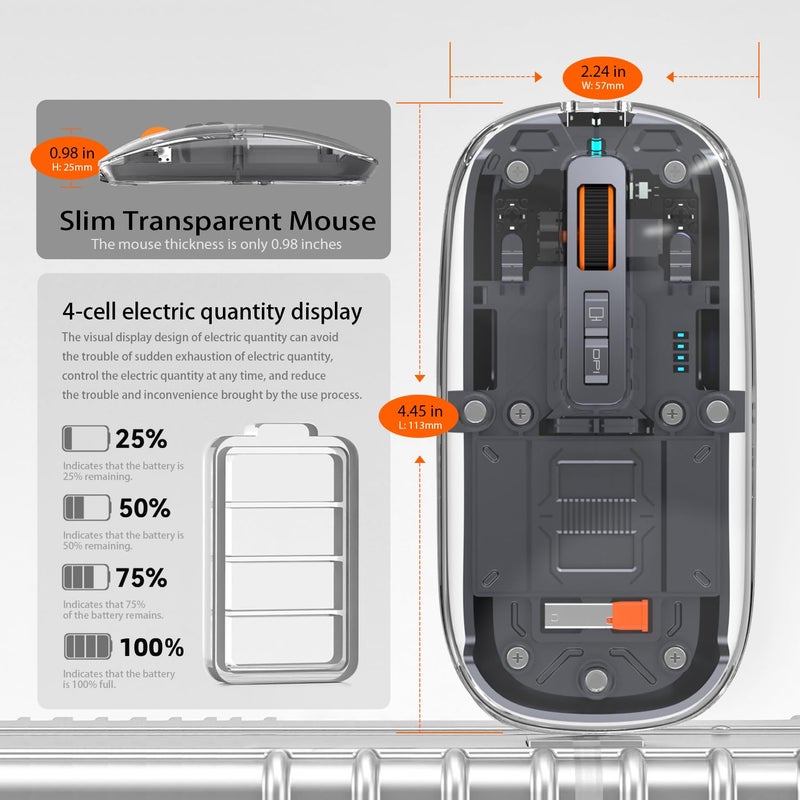 FMOUSE Sleek Transparent Magnetic Wireless Mouse - 3-Mode Connectivity (Dual Bluetooth + USB), DPI Adjust & One-Key Desktop Access, for MacBook/pc/iPad/Laptop (Grey) - Image 5