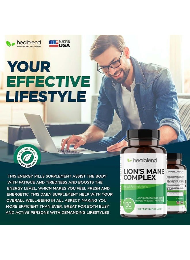 healblend Lions Mane Mushroom Complex Capsules - 100% Natural and Effective Energy Pills - Brain Supplement, Stimulates Mood, Memory and Creativity - Immune Support Focus Supplement (60 Capsules) - Image 4