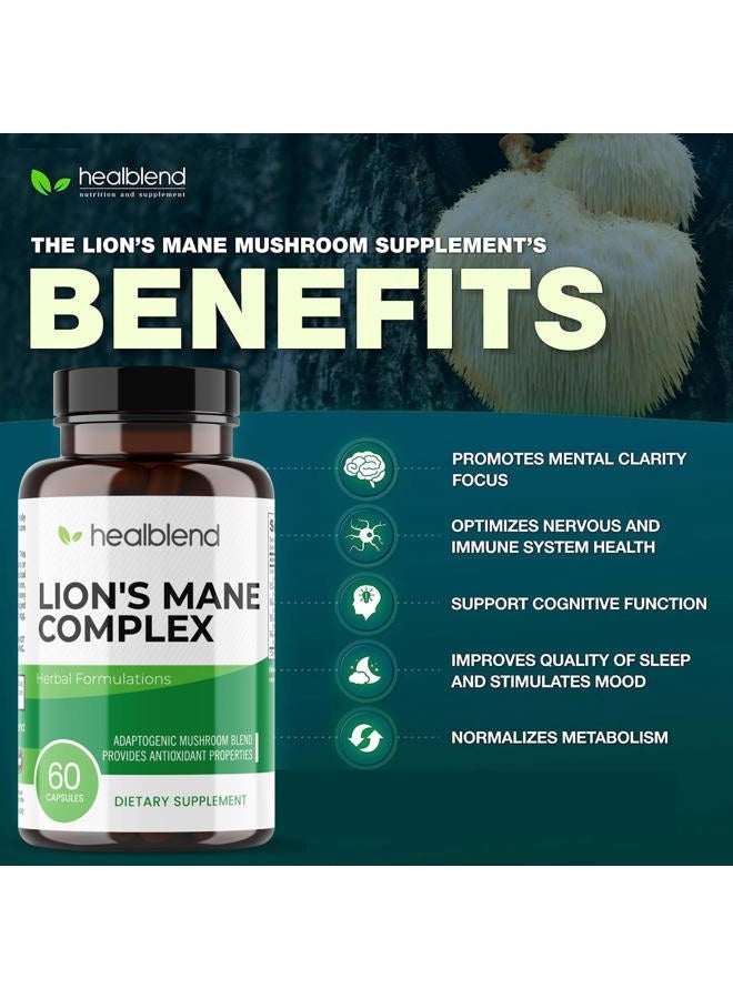 healblend Lions Mane Mushroom Complex Capsules - 100% Natural and Effective Energy Pills - Brain Supplement, Stimulates Mood, Memory and Creativity - Immune Support Focus Supplement (60 Capsules) - Image 3