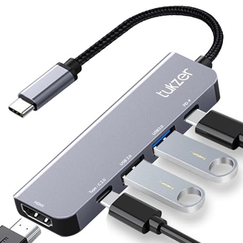 Tukzer 5-in-1 Type-C Hub to HDMI 4K@30Hz, Type C 2.0, USB 2.0, USB 3.0 Data, 100W PD with 1000M Ethernet RJ45, MultiPort Adapter Compatible with MacBook Pro Air iPad, Dell, Other Type-C Device - Image 1