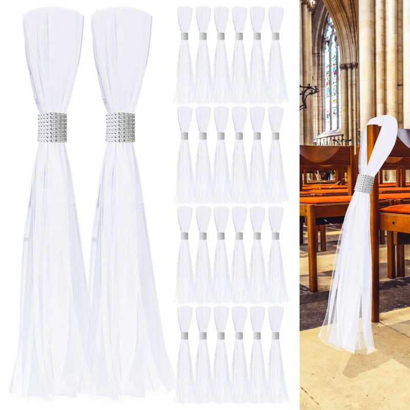 FEXICHUJI 26 Sets Large White Pew Bows Tulle Wedding Aisle Chair Decorations Extended Church Pew Decor Aisle Flowers Runner for Weddings Ceremony Outside DecorationsSilver - Image 2