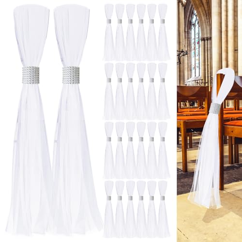 FEXICHUJI 26 Sets Large White Pew Bows Tulle Wedding Aisle Chair Decorations Extended Church Pew Decor Aisle Flowers Runner for Weddings Ceremony Outside DecorationsSilver - Image 1