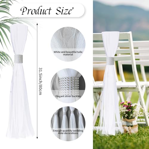 FEXICHUJI 26 Sets Large White Pew Bows Tulle Wedding Aisle Chair Decorations Extended Church Pew Decor Aisle Flowers Runner for Weddings Ceremony Outside DecorationsSilver - Image 3