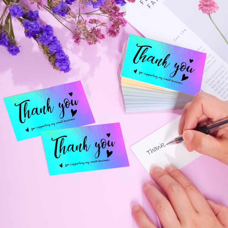 Poualss 630 Pieces Thank You Cards and Stickers Set with 30pcs Resealable Packaging Bag 500pcs Small Business Roll Stickers 100pcs Thank You Business Card for Business (Holographic) - Image 5