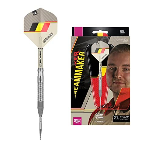 Target Darts Dimitri Van den Bergh Dream Maker G1 25G 90% Tungsten Swiss Point Steel Tip Darts Set, Sand, Black, Yellow and Red (DIMI90% Steel) - Image 1