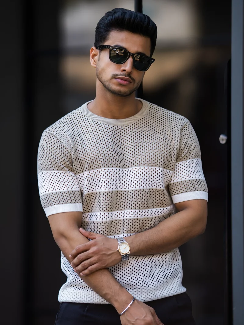 مانياك Maniac Mens Resort Textured Beige Round Neck Half Sleeve Cotton Tshirt