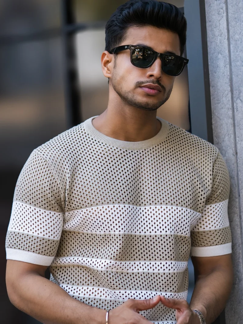 مانياك Maniac Mens Resort Textured Beige Round Neck Half Sleeve Cotton Tshirt