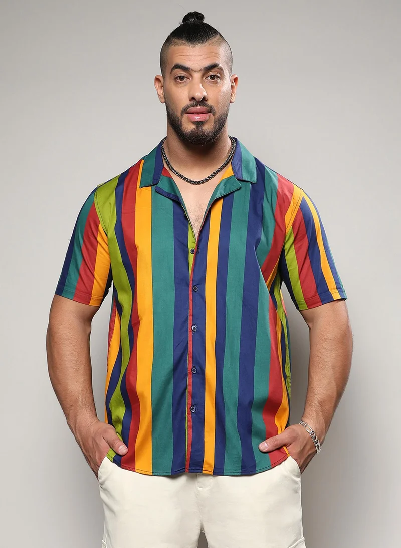 Instafab Plus Instafab Plus Men's Multicolour Awning Striped Shirt For Casual Wear | Spread Collar | Short Sleeve | Button Closure | Shirt Crafted With Comfort Fit For Everyday Wear