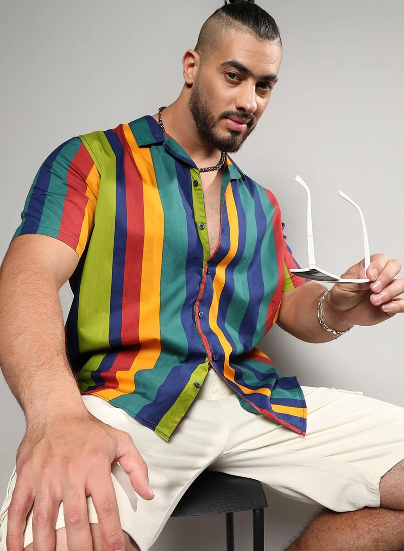 Instafab Plus Instafab Plus Men's Multicolour Awning Striped Shirt For Casual Wear | Spread Collar | Short Sleeve | Button Closure | Shirt Crafted With Comfort Fit For Everyday Wear