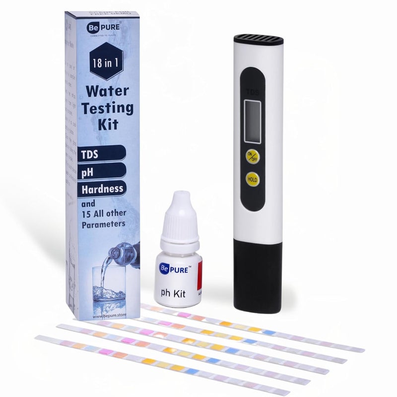 BePURE مجموعة اختبار المياه 18 في 1 مع TDS و pH والصلابة والكلور و 14 معلمة أخرى للاختبار | نتيجة جودة المياه الفورية - Image 1