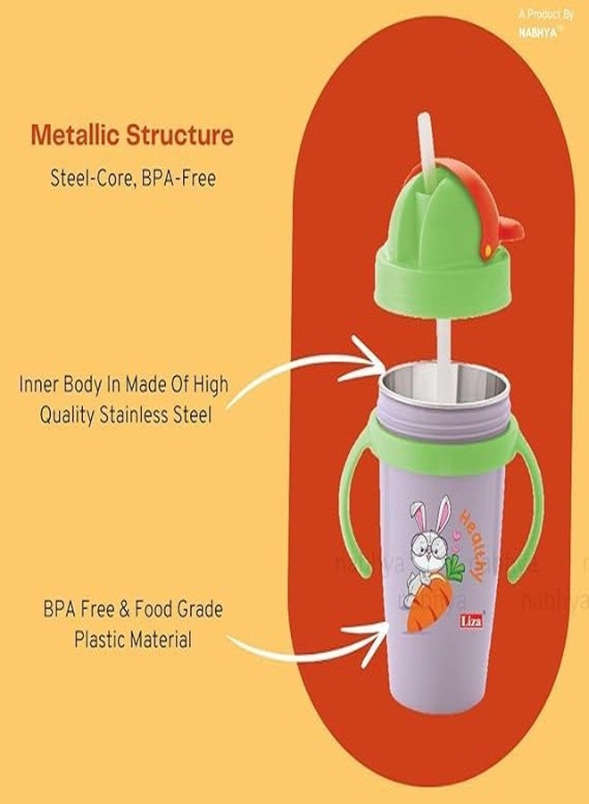 Zerya Hot & Cold Insulated Stainless Steel 360ml BPA-Free Cute Animal Design Baby Sipper Kids Water Bottle with Straw and Side Handle for Kids (Purple) - Image 4