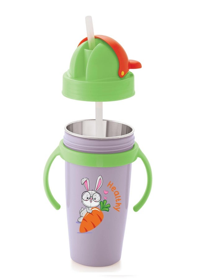 Zerya Hot & Cold Insulated Stainless Steel 360ml BPA-Free Cute Animal Design Baby Sipper Kids Water Bottle with Straw and Side Handle for Kids (Purple) - Image 1