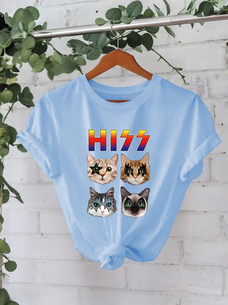 Pure Cotton T-Shirt Summer Short Sleeve Round Neck American Cat Pattern Printed T-Shirt Female Factory - Image 1
