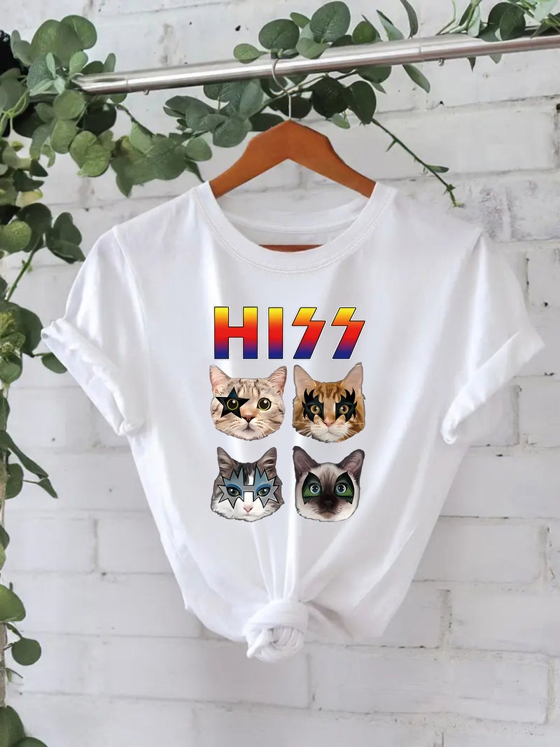 Pure Cotton T-Shirt Summer Short Sleeve Round Neck American Cat Pattern Printed T-Shirt Female Factory - Image 2
