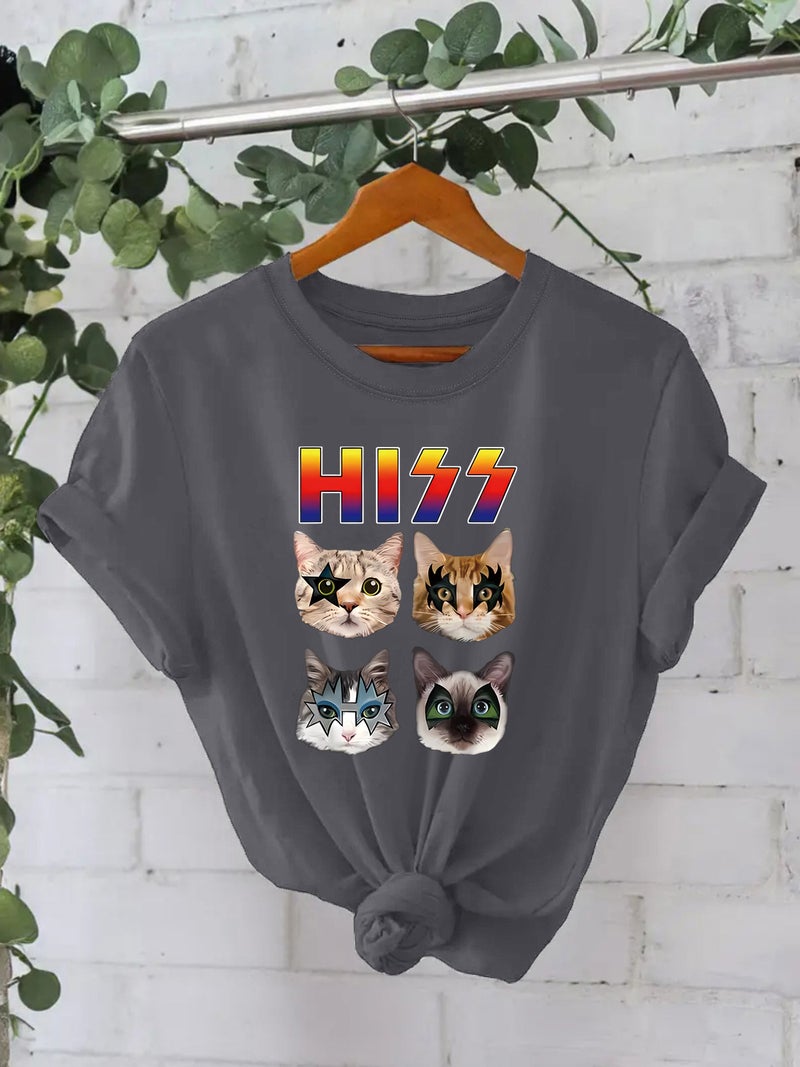 Pure Cotton T-Shirt Summer Short Sleeve Round Neck American Cat Pattern Printed T-Shirt Female Factory - Image 4