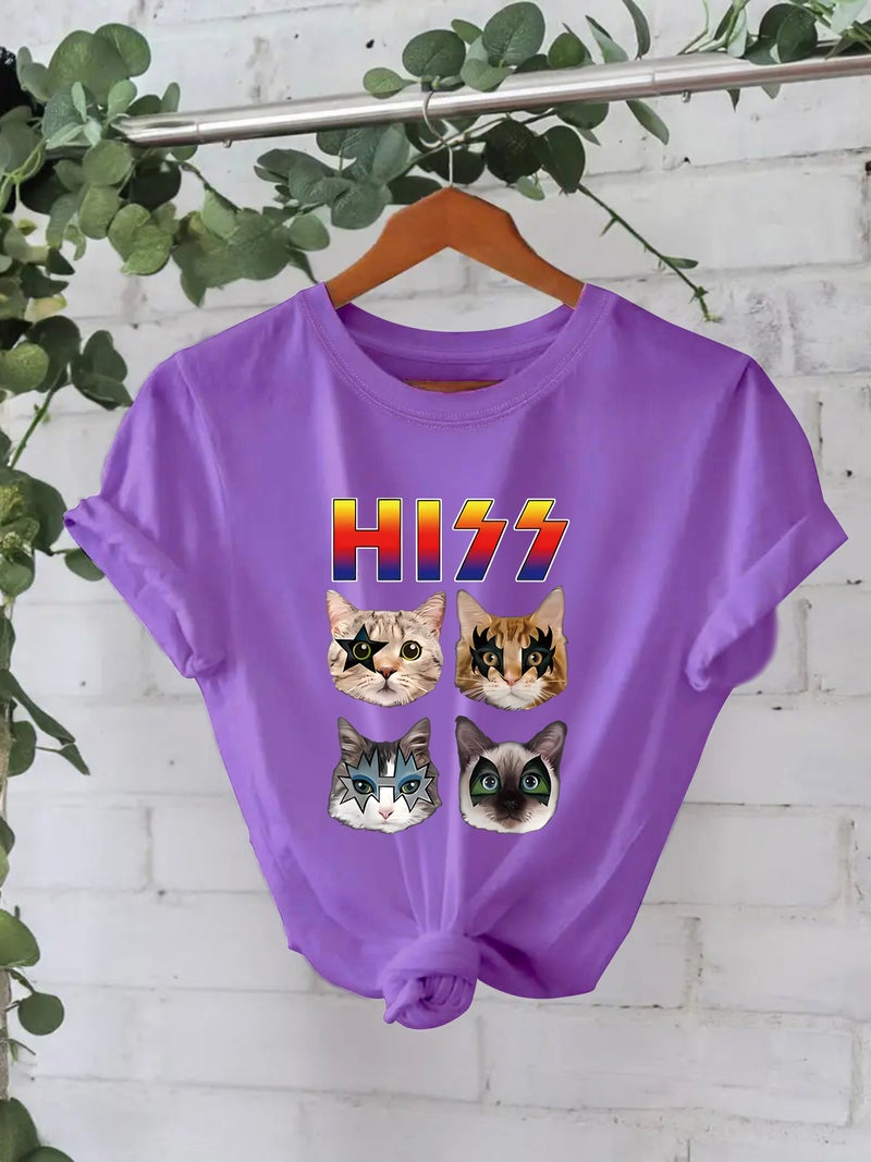 Pure Cotton T-Shirt Summer Short Sleeve Round Neck American Cat Pattern Printed T-Shirt Female Factory - Image 5