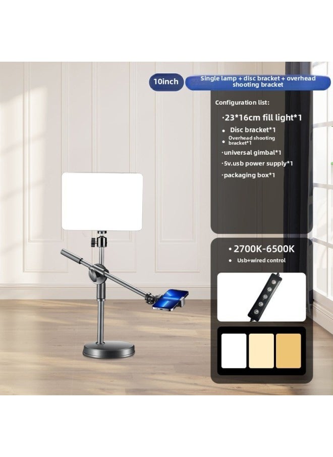 Generic Customized Multi-Size Large-Screen Flat-Panel Photography Live Broadcast Fill Light, Processed Full-Screen Square Panoramic Fill Light-Specification:Rl- 10inch 5v Wire-controlled Version 10inch Flat Light (single Light Plus Overhead Disc Bracket + Pan/tilt + One-piece Clip)  - Image 1