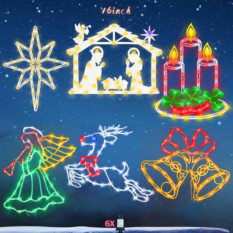 TRWYMZ 16" Christmas Window Silhouette Lights - 6 Pack Colour Lighted Bell, Angel, Candle, Nativity, Bethlehem Star, Reindeer for Holiday Indoor and Outdoor Wall Door Window Decorate - Image 1