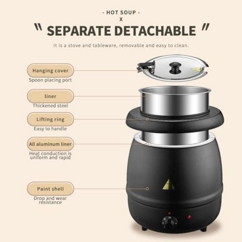 Stainless Steel Electric Soup Pot 10L Black Professional Food Warmer for Soups, Curries Stews, Ideal for Ramadan Iftar, Hotels, Catering Festive Hosting - Image 5