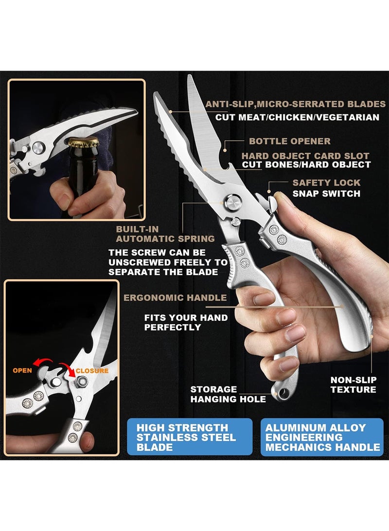 Kitchen Scissors, Poultry Shears, Upgraded Meat Scissors Heavy Duty Professional Food Scissors with Anti-Slip Handle & Safety Lock & Sheath for Meat, Bone, Poultry, Fish, Seafood (Silver) - Image 4