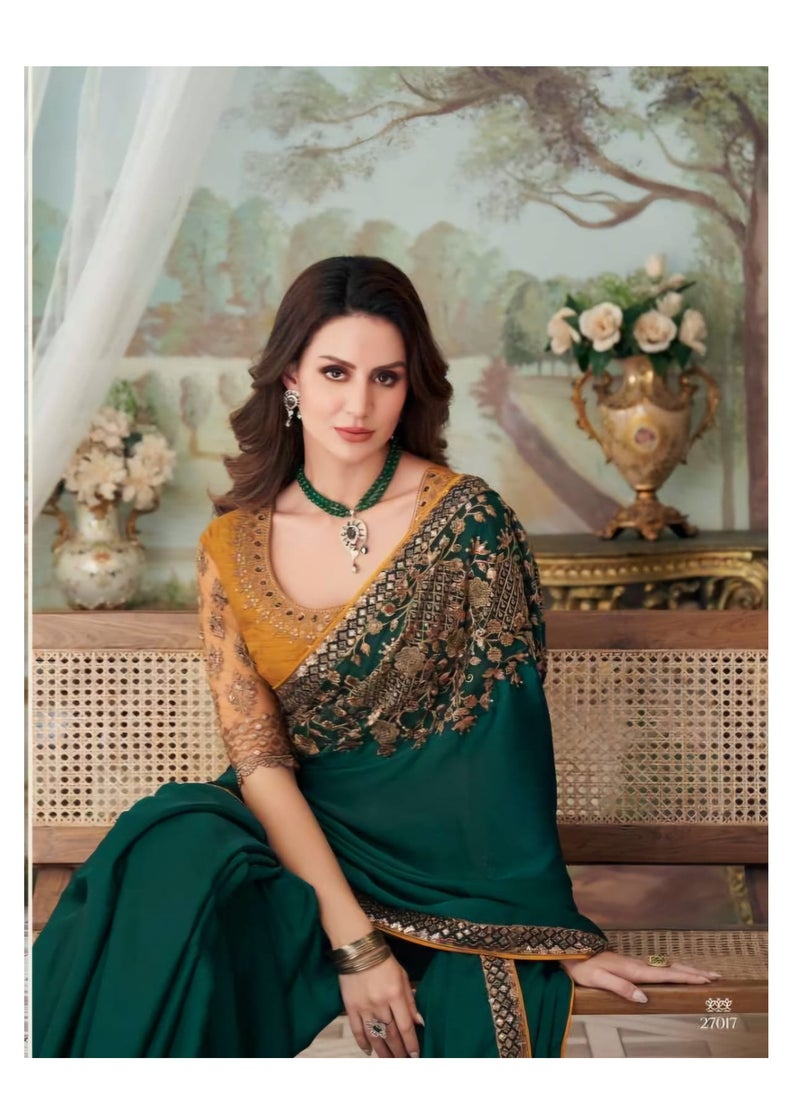 Grab Mantra - Pure Satin Silk Green Saree With Musturd Yellow Embroidery And Border Plus Fancy Unstitched Blouse - Image 1