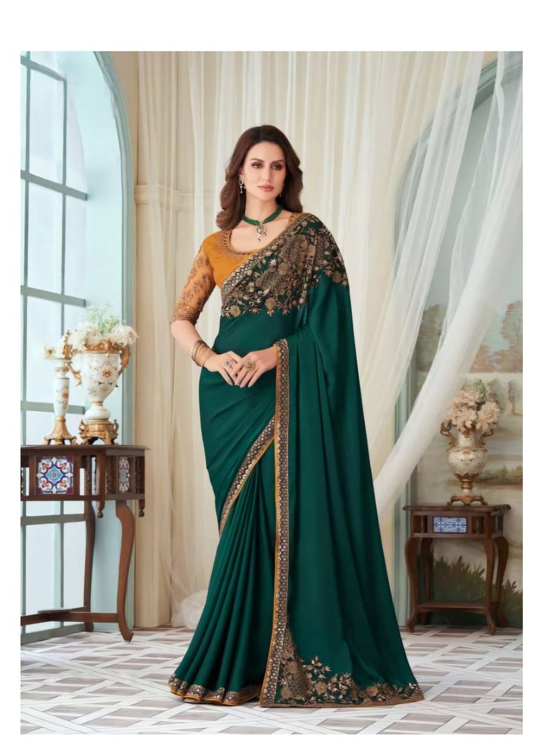 Grab Mantra - Pure Satin Silk Green Saree With Musturd Yellow Embroidery And Border Plus Fancy Unstitched Blouse - Image 1