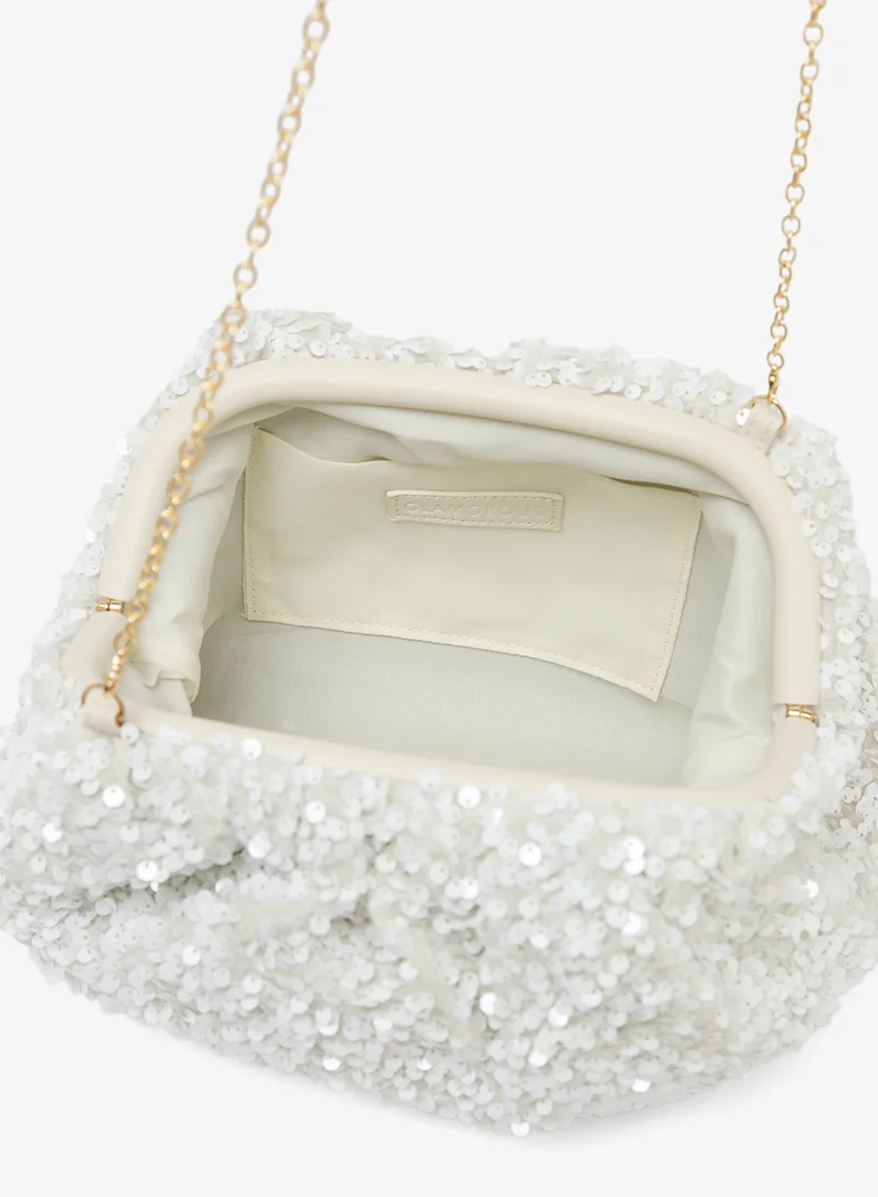 Glamorous CREAM Embellished Sequin Pillow Clutch for Women | Best Price UAE