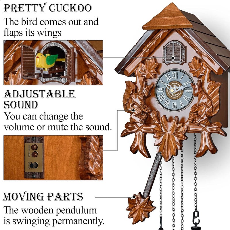 TIMEGEAR Cuckoo Wall Clock with Night Mode in Traditional German Style with Carved Squirrels (Cherry) - Image 2