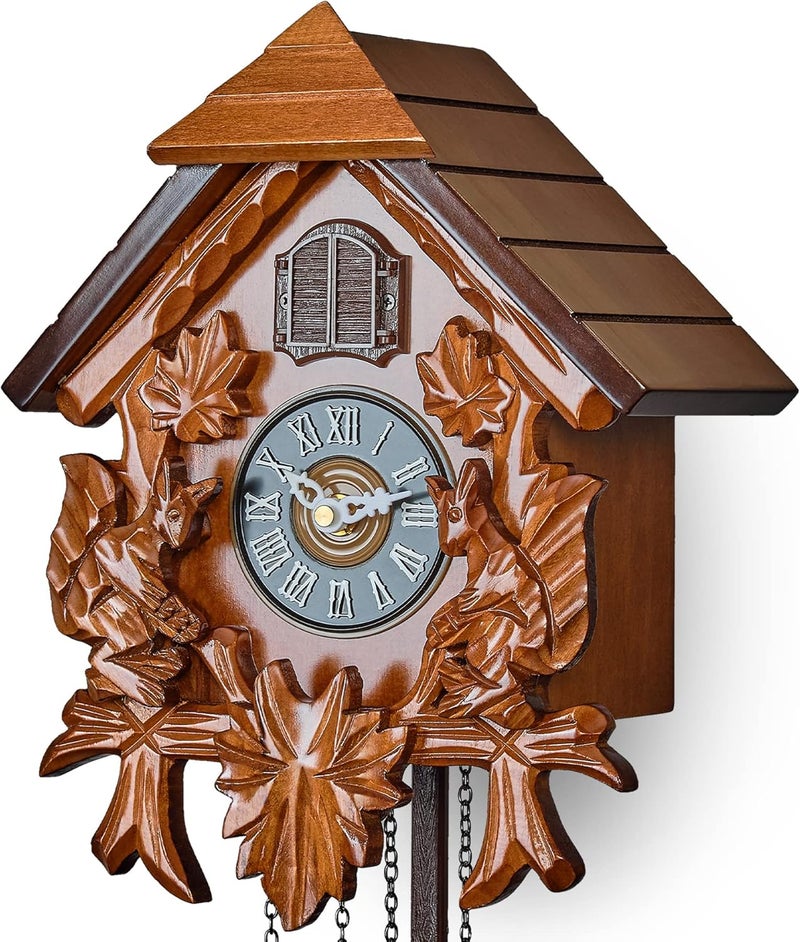 TIMEGEAR Cuckoo Wall Clock with Night Mode in Traditional German Style with Carved Squirrels (Cherry) - Image 4