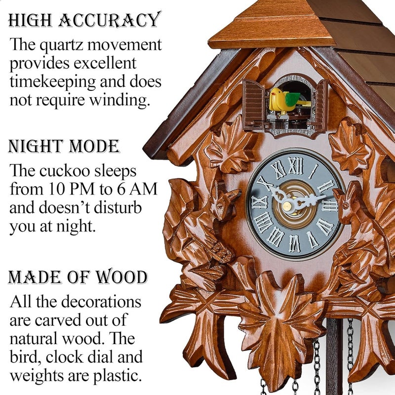 TIMEGEAR Cuckoo Wall Clock with Night Mode in Traditional German Style with Carved Squirrels (Cherry) - Image 1
