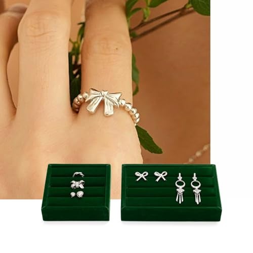 Oirlv 3 Slots Velvet Small Ring Organizer Earrings Trays Showcase Display Storage Insert Holder for Jewelry Box, Drawer, Dresser(Green,M) - Image 2