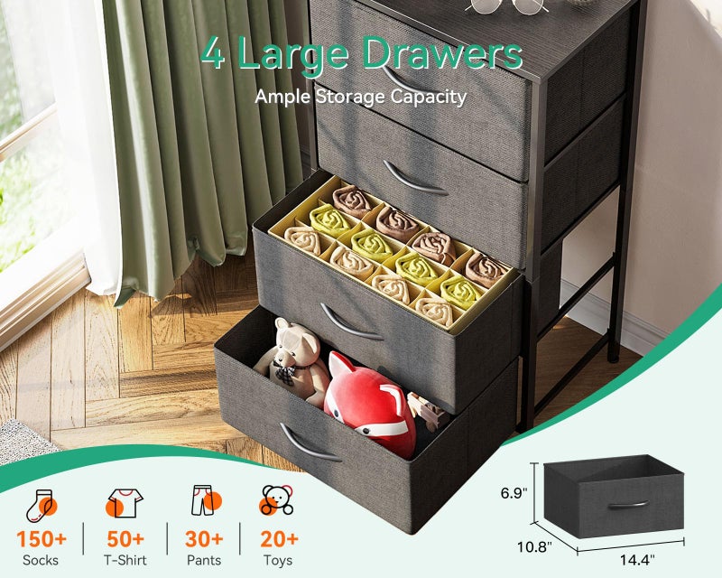 AODK Dresser for Bedroom with 4 Storage Drawers, Small Dressers Chest of Drawers Fabric Dressers with Sturdy Steel Frame, Dresser for Closet with Wood Top, Dark Grey - Image 4