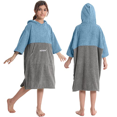 Hiturbo Kids Changing Towel Hoodie: Absorbent Quick Dry Surf Poncho, 3/4 Sleeve Microfiber Bath Towels for Beach Pool (Blue/Gray) - Image 1