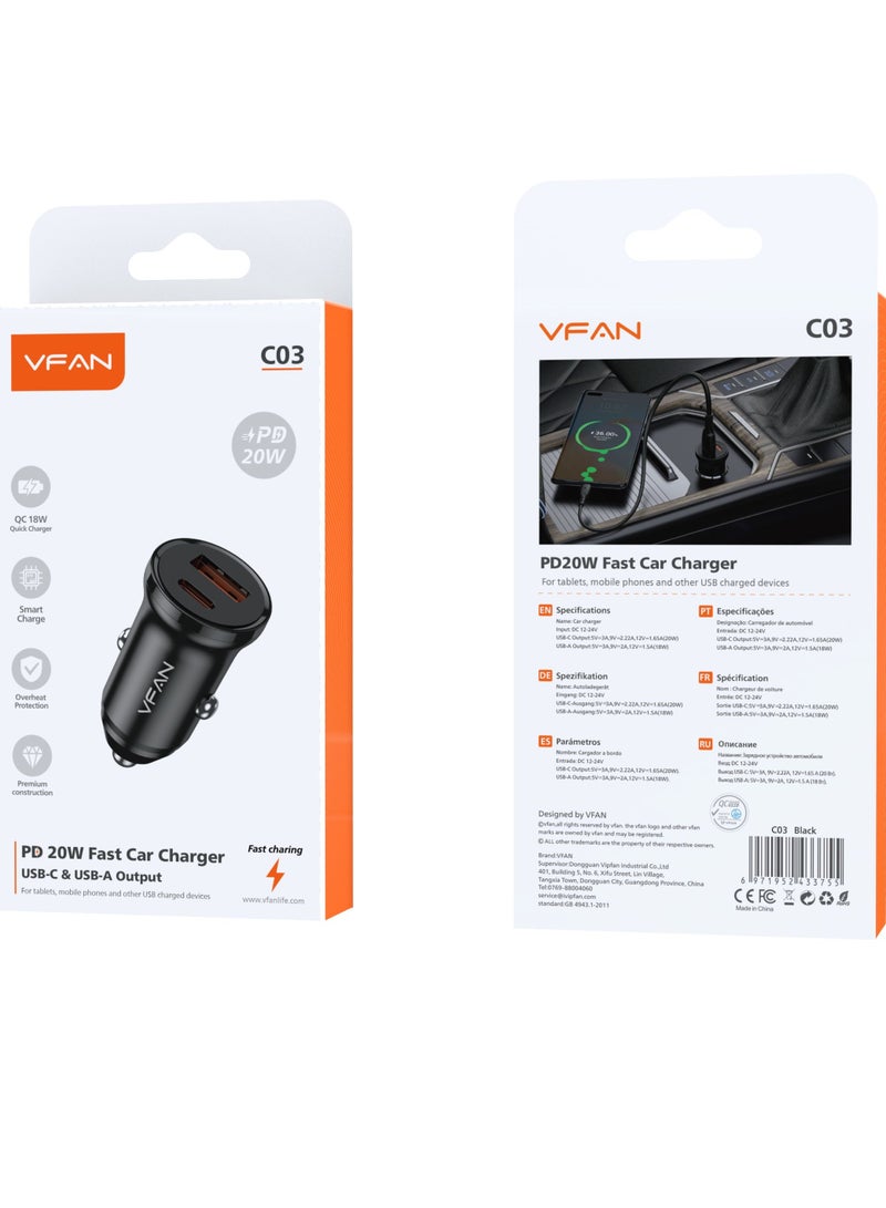 VFAN 30W Dual Port Fast Car Charger C03-Black - Image 1