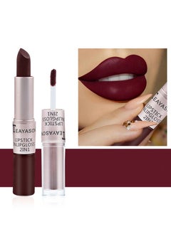 TEAYASON 2In1 Lipgloss & Lipstick，lipstick Double Head Non Stick Cup matte Fog Face Lip Gloss Two In One Paste Non Fading Stick Cup dark red Lip plumping Lipstick #02  - Image 1