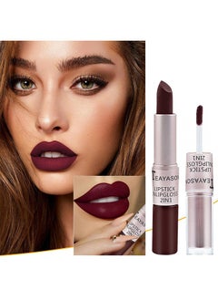 TEAYASON 2In1 Lipgloss & Lipstick，lipstick Double Head Non Stick Cup matte Fog Face Lip Gloss Two In One Paste Non Fading Stick Cup dark red Lip plumping Lipstick #02  - Image 2