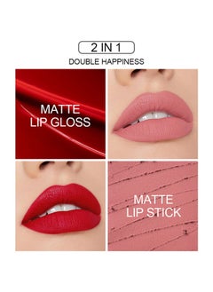 TEAYASON 2In1 Lipgloss & Lipstick，lipstick Double Head Non Stick Cup matte Fog Face Lip Gloss Two In One Paste Non Fading Stick Cup dark red Lip plumping Lipstick #02  - Image 4