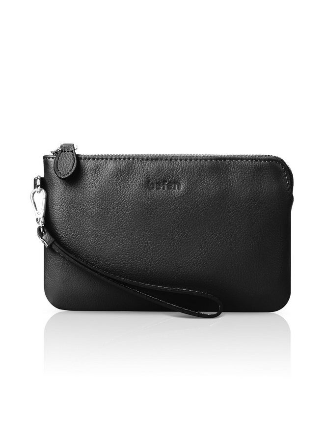 befen Black Genuine Leather Wristlet Clutch Purses For Women Cell Phone Wallets Ladies Slim Corner Zipper Handbags With Strap  - Image 1