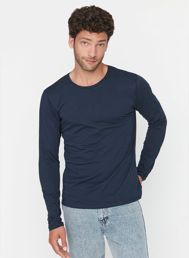 trendyol Navy Blue Basic Regular Cut Crew Neck Long Sleeve 100% Cotton T-Shirt TMNAW21TS0208 - Image 3
