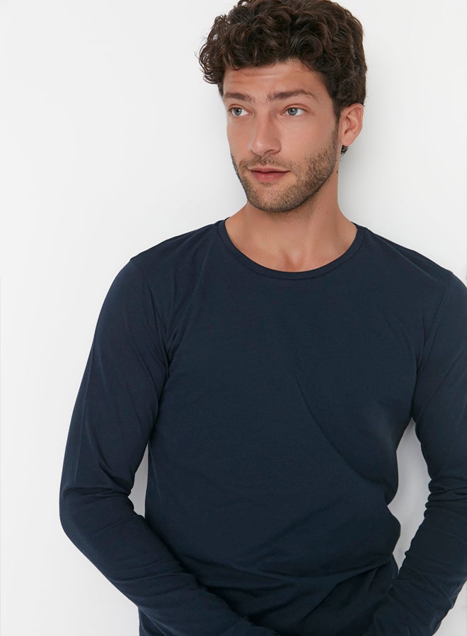 trendyol Navy Blue Basic Regular Cut Crew Neck Long Sleeve 100% Cotton T-Shirt TMNAW21TS0208 - Image 5