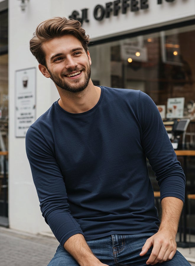 trendyol Navy Blue Basic Regular Cut Crew Neck Long Sleeve 100% Cotton T-Shirt TMNAW21TS0208 - Image 1