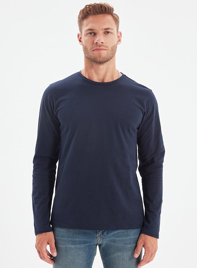 Navy Blue Basic Regular Cut Crew Neck Long Sleeve 100% Cotton T-Shirt TMNAW21TS0208