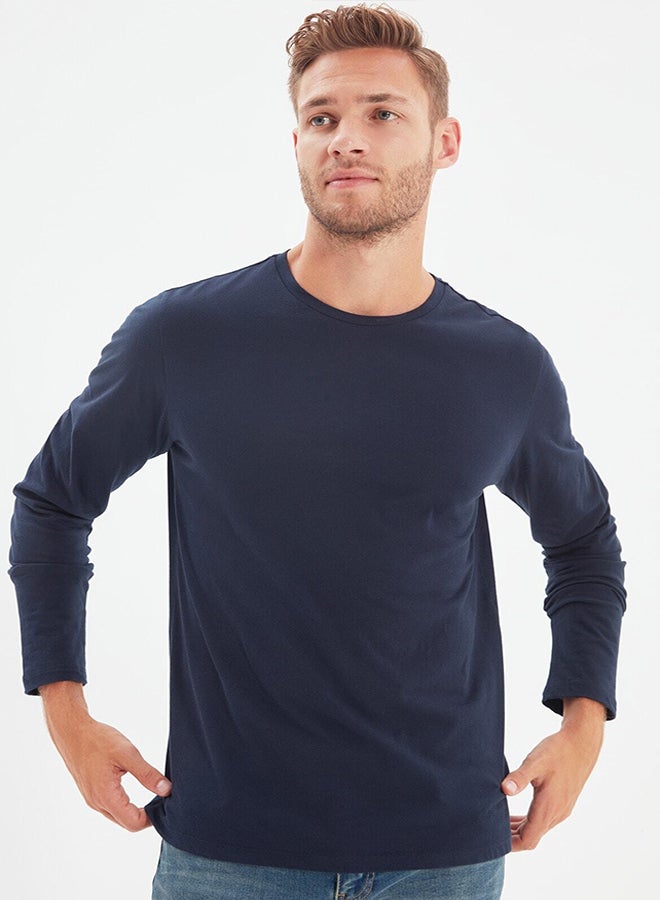 Navy Blue Basic Regular Cut Crew Neck Long Sleeve 100% Cotton T-Shirt TMNAW21TS0208