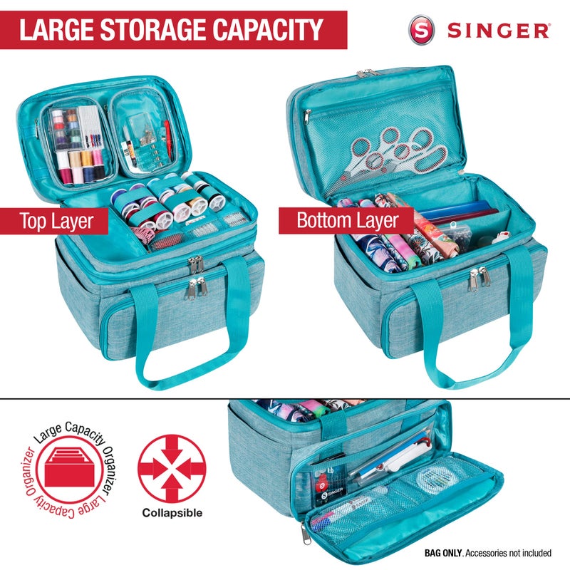 SINGER Sewing Accessories Organizer (Bag Only) â€“ Double Layer Portable Sewing Storage Bag | 2 Detachable Pouches and 18 Compartments, Large Sewing Supplies & Crafting Carry-all (Teal) - Image 2