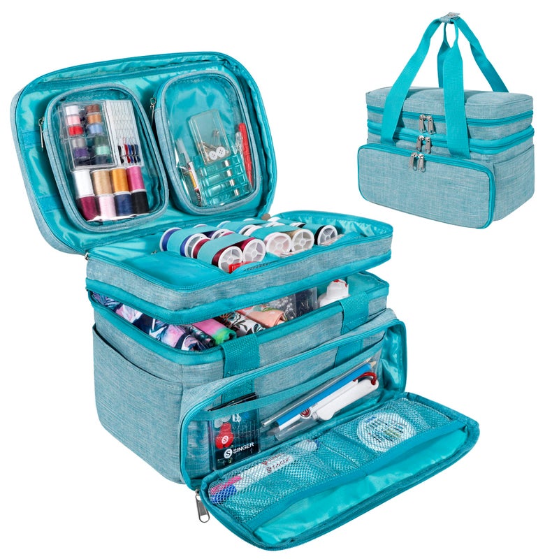 SINGER Sewing Accessories Organizer (Bag Only) â€“ Double Layer Portable Sewing Storage Bag | 2 Detachable Pouches and 18 Compartments, Large Sewing Supplies & Crafting Carry-all (Teal) - Image 1