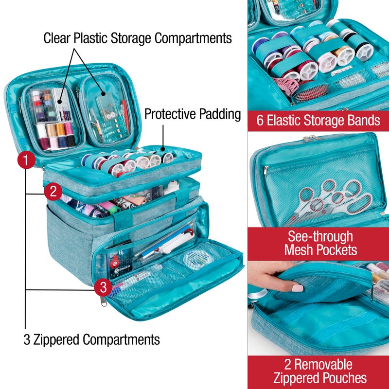 SINGER Sewing Accessories Organizer (Bag Only) â€“ Double Layer Portable Sewing Storage Bag | 2 Detachable Pouches and 18 Compartments, Large Sewing Supplies & Crafting Carry-all (Teal) - Image 4
