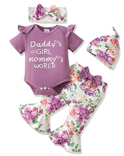 SODLON Baby Girl Clothes 0 3 Months Summer Newborn Girl Clothes Infant Outfits Ruffle Romper Floral Bell Bottoms Pants Gifts Stuff Cute Baby Clothes for Girls Dark Purple - Image 1