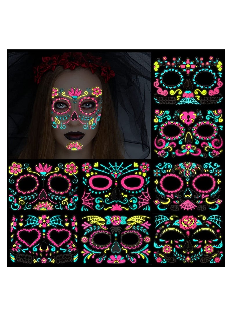 Glow In The Dark Neon Temporary Face Tattoos, 8 Sheets Full Face Stickers, Sugar Skull Designs for Parties, Festivals, and Themed Events - Image 2