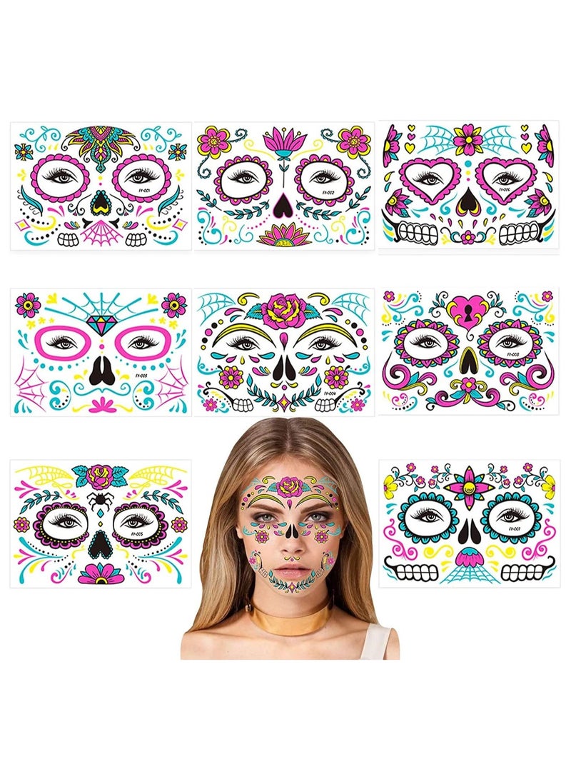 Glow In The Dark Neon Temporary Face Tattoos, 8 Sheets Full Face Stickers, Sugar Skull Designs for Parties, Festivals, and Themed Events - Image 1